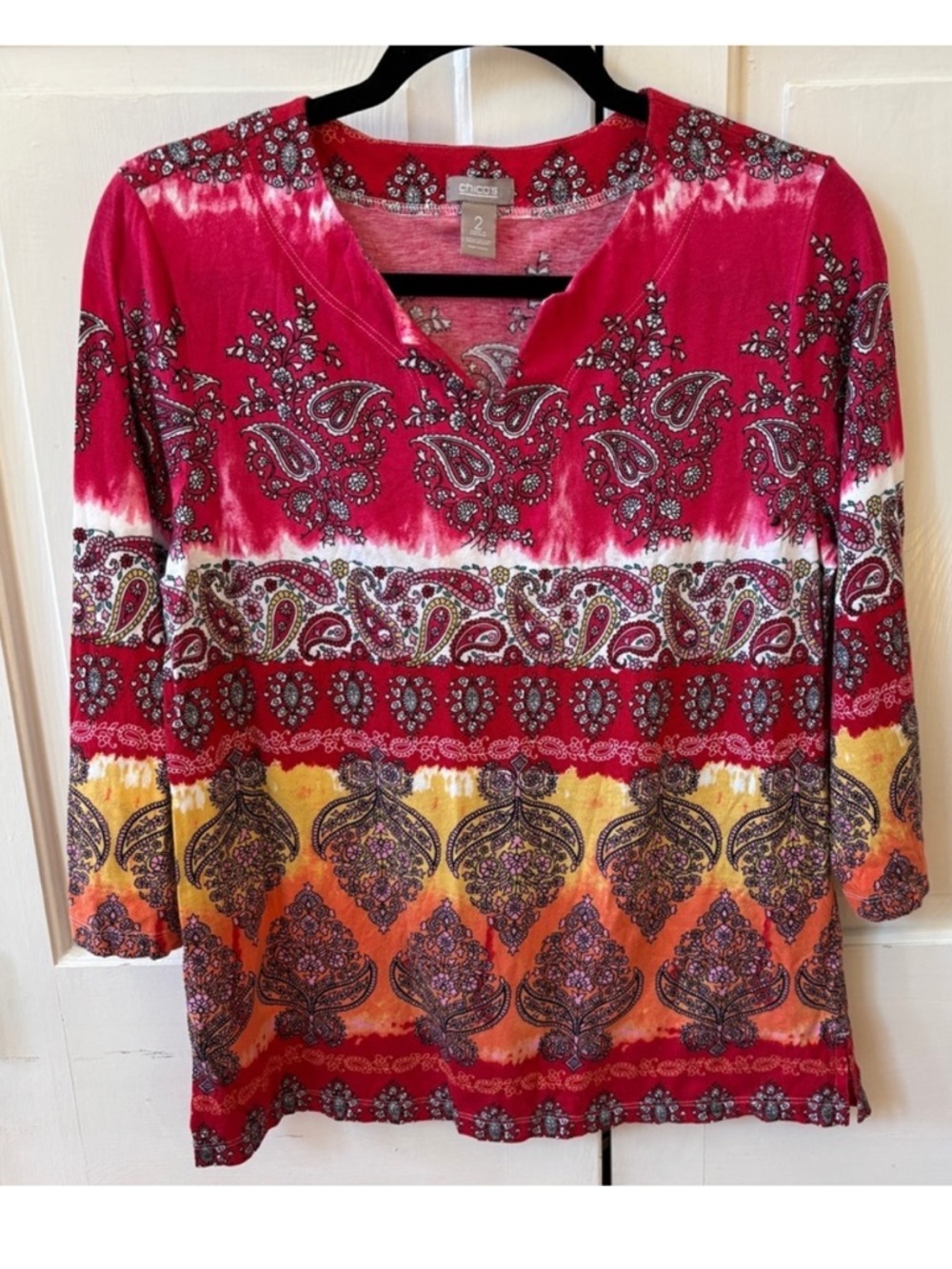 Chico's Size 2 Red Floral Paisley Tie Dye Print Blouse Top Shirt Size Large